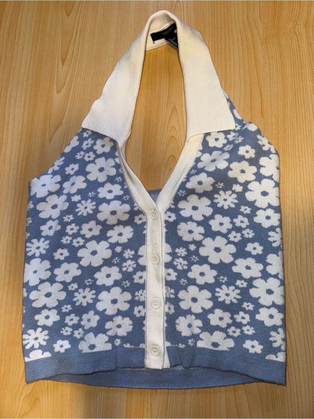 Floral Button-Front Knit Flower Halter Top in Light Blue & Cream